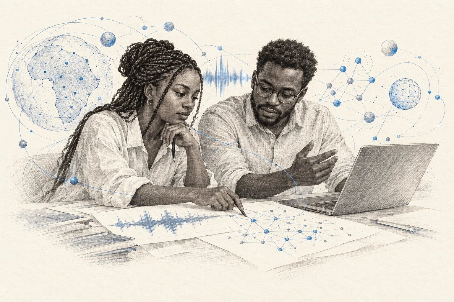 Pencil illustration of two African researchers exploring language waveforms and connected scientific ideas, with blue accents.