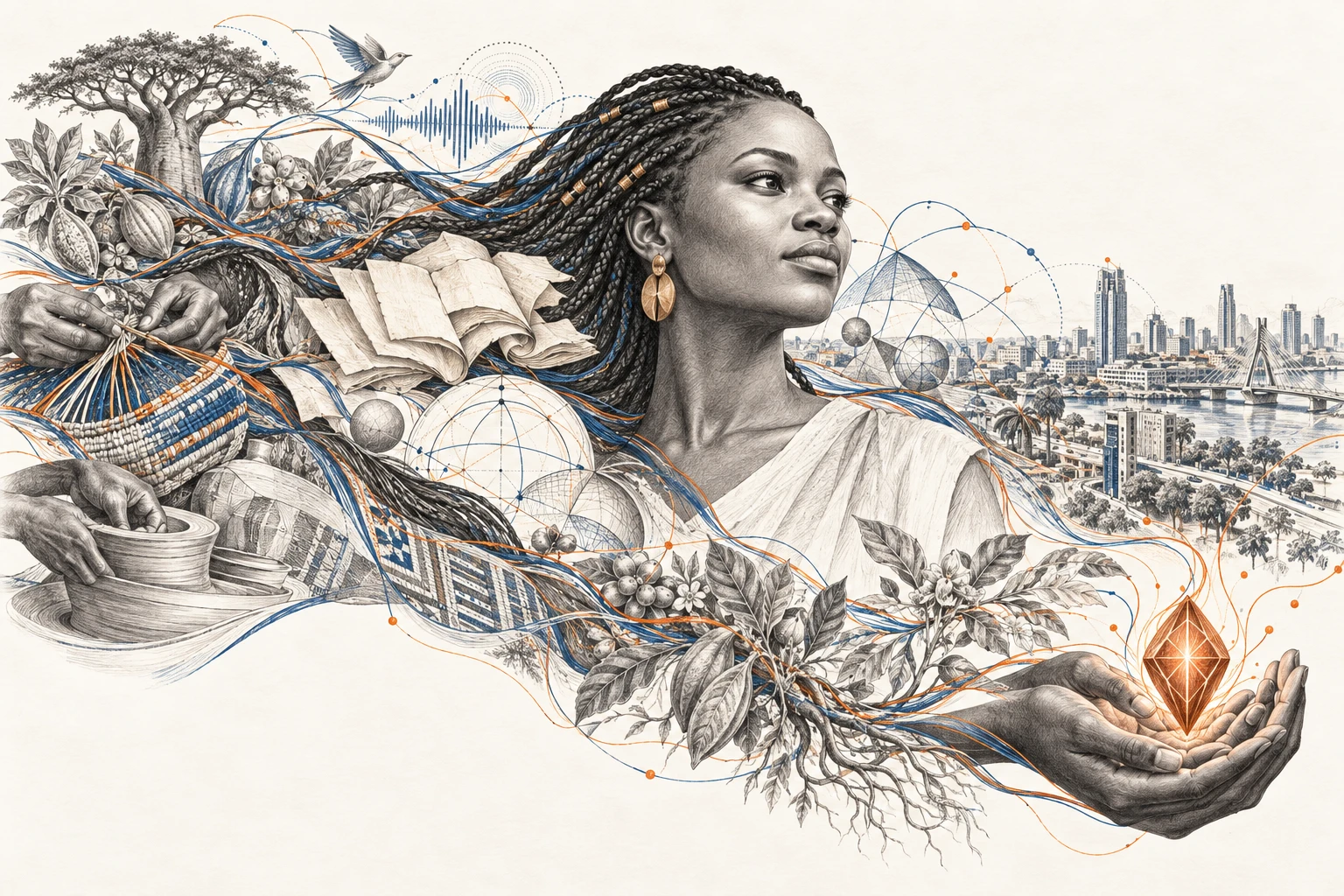 Pencil portrait of an African researcher, surrounded by connected manuscripts, language waves, woven knowledge and a future city, with hands holding a bright orange diamond.